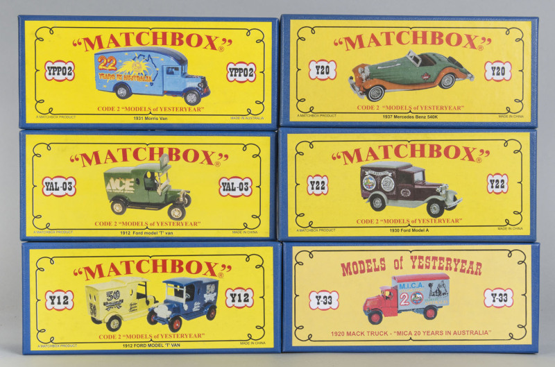 MATCHBOX: Six Matchbox Code 2 "Models of Yesteryear" including Y12, Y20, Y22, Y33, YAL-03, YPP02; all mint and boxed.