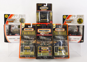 MATCHBOX: Six Matchbox Collectibles "Military Collection" models including M60 A3 tank, Bradley M2 Tank, Jeep Willy's; all mint in opened original packaging.