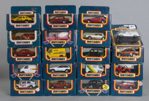 MATCHBOX: Thirty-six Matchbox cars in light and dark blue blister boxes; inlcudes MB 4 London Taxi, MB16 Pontiac, MB 56 VW Golf GTI; all mint and boxed.