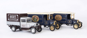 MATCHBOX: Three Matchbox Collectibles/"Models of Yesteryear' pre-productions including 1932 Ford Model AA 'Hershey's' Truck with silver and maroon body/chassis, 'Hershey' labels, missing part of base inscription; two Y6, dark blue body with 'Anchor Steam 