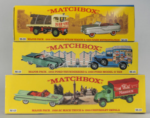 MATCHBOX: Three Matchbox Major Packs including M13 1920 AC Mack Truck and 1959 Chevrolet Impala, M15 1955 Ford Thunderbird and 1930 Ford Model 'A' Van, M20 1918 Atkinson Steam Wagon and 1958 Nash Metropolitan; all mint and boxed.