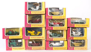 MATCHBOX: Twenty-four "Models of Yesteryear" models in pink and yellow boxes, including Y2 1911 Renault 2-seater, Y10 1928 Mercedes-Benz 36/220 in white with red seats, Y15 1907 Rolls-Royce Silver Ghost; all mint and boxed.