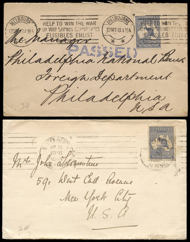 2½d Blue on 1918 (Apr.10) Sydney - New York cover and a 1918 (May 13) Melbourne - Philadelphia cover, h/stamped "PASSED". Also, 3d Olive - Die II, on a June 1920 Melbourne - San Francisco cover. (3 items).