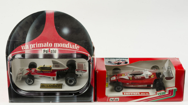 POLISTIL: 1:16 McLaren F1 Un Primato Mondiale (GF2); and, Ferrari 312 T2 (GG4). In original cardboard boxes and labels; see image for condition. (2 items)