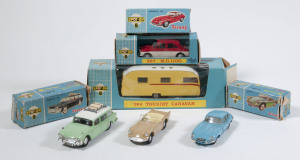 TRI-ANG: Early 1960s group of ‘Spot-On’ Model Vehicles including Tourist Caravan (264) – yellow with red stripe and white roof; and, Jaguar ‘E’ Type (217) – light blue with white interior; and, Humber Super Snipe Estate Car (183) – light green with white 