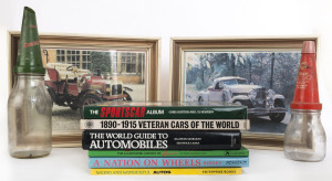 AUTOMOBILIA: A group of automobilia items including Castrol and BP Visco oil bottles, motoring books, framed pictures.