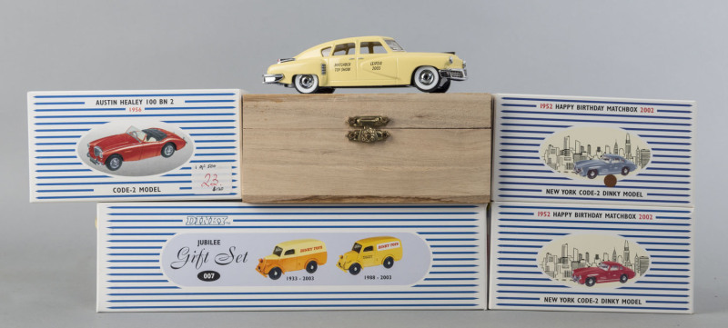 DINKY: Five Dinky Code 2 models including 1956 Austin Healey 100 BN2, Jubilee Gift Set (007), Matchbox Toy Show Leipzig 2003 Tucker Torpedo; all mint and boxed.