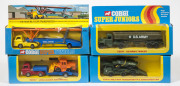 CORGI JUNIORS: 1970s group of Corgi ‘Super Juniors’ including Hoynor Mk. 11 Car Transporter (2002) – yellow, blue and orange; and, Military Transporter & Armoured Car (2012) - dark green; and, Low Loader and Shovel (2007) - red, blue and orange. All mint