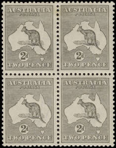 2d Grey (Die 2A) block (4) with varieties: "White flaw adjacent to NSW coast" [3R17]; white flaw on Roo's tail [3R23] & "White flaw over LIA" [3R24]; well centred & fresh. BW:8i,j & unlisted.