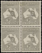 2d Grey (Die 2A) block (4) with varieties: "White flaw adjacent to NSW coast" [3R17]; white flaw on Roo's tail [3R23] & "White flaw over LIA" [3R24]; well centred & fresh. BW:8i,j & unlisted.