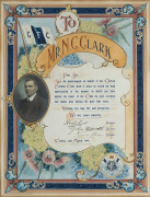 NORMAN "HACKENSCHMIDT" CLARK [1878-1943] CARLTON HALL OF FAME Inductee - 1989 A Carlton Football Club illuminated presentation, oak-framed, hand-painted and dated 12th March 1909, signed on behalf of the Committee by the president, J. Urquhart, the treas - 2