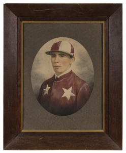 Portrait of a jockey, watercolour, pen and ink on paper in period oak frame, circa 1900; 67 x 53cm overall