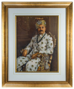 THE CORONATION PORTRAIT OF "RANJI" - Colonel H.H. Shri Sir Ranjitsinhji Vibhaji, Maharaja Jam Saheb of Nawanagar K.C.S.I. in his coronation robes and jewellery,three-quarter length seated in a gilded throne chair with lion finial arms. Ranji wears a cream - 2