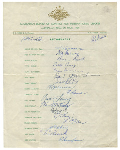 1961 Australian Team, official team sheet with 19 signatures including Richie Benaud (captain), Neil Harvey, Graham McKenzie & Bob Simpson.