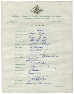 1964 Australian Team, official team sheet with 17 signatures including Bob Simpson, Brian Booth, Tom Veivers, Bill Lawry & Graham McKenzie. Fine condition. {Bob Simpson's first Ashes tour as captain}.
