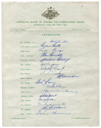 1964 Australian Team, official team sheet with 17 signatures including Bob Simpson, Brian Booth, Tom Veivers, Bill Lawry & Graham McKenzie. Fine condition. {Bob Simpson's first Ashes tour as captain}.