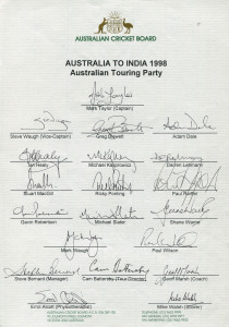 1998 Australian Team to India, official team sheet with 20 signatures including Mark Taylor (captain), Shane Warne & Steve Waugh.