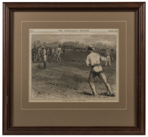 Three attractively framed early cricketing scenes: 1873 "Practising for the All England Match" from The Australasian Sketcher; 1874 "The All England Eleven v Eighteen of Victoria" from The Australian Sketcher; and,1886 "International Cricket Match at the Ground of the Germantown Club at Nicetown Pennsylvania" from Harper's Weekley (hand coloured). Various sizes, the largest 60 x 74cm.(3 items).