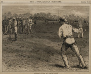 Three attractively framed early cricketing scenes: 1873 "Practising for the All England Match" from The Australasian Sketcher; 1874 "The All England Eleven v Eighteen of Victoria" from The Australian Sketcher; and,1886 "International Cricket Match at the - 2