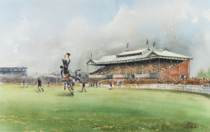 CROMPTON, Paul ESSENDON: Windy Hill, circa 1950 - Essendon Champion John Coleman against Geelong, watercolour, signed at lower right, 34 x 52cm framed and glazed