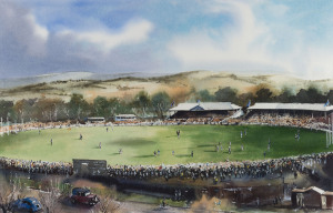 CROMPTON, Paul, GEELONG: Kardinia Park Oval, circa 1951, watercolour, signed at lower left, 34.5 x 52.5cm framed and glazed
