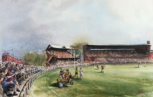 CROMPTON, Paul, HAWTHORN: Glenferrie Oval, circa 1957, watercolour, signed at lower right, 34 x 52cm framed and glazed