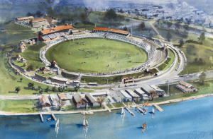 CROMPTON, Paul, Lake Side Oval, circa 1960, watercolour, signed and dated 1997 at lower right, 34 x 51cm framed and glazed