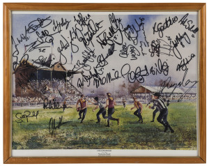 COLLINGWOOD: More than 30 original autographs of the 1997-98 squad on a poster print of the Paul Crompton painting of Victoria Park in 1903. Framed & glazed, overall 40.5 x 51cm