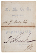 EAST MELBOURNE CRICKET CLUB: 1874-75 Member's Season Ticket, red leather with gold embossing, the interior printed in blue with space for the member's name in manuscript (W.J. Daly) and the signature of the Honorary Treasurer, J.G. Russell. Superb conditi - 2