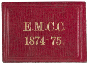 EAST MELBOURNE CRICKET CLUB: 1874-75 Member's Season Ticket, red leather with gold embossing, the interior printed in blue with space for the member's name in manuscript (W.J. Daly) and the signature of the Honorary Treasurer, J.G. Russell. Superb condition and extremely rare.