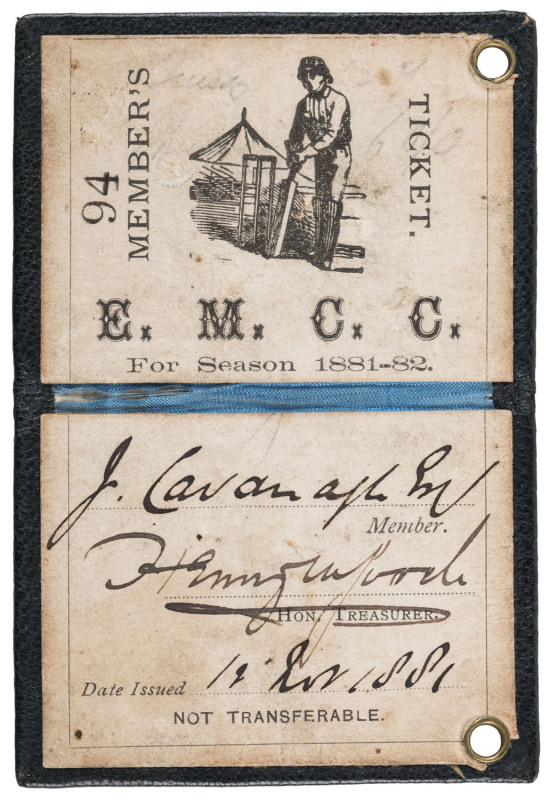 EAST MELBOURNE CRICKET CLUB: 1881-82 Member's Season Ticket, black leather with gold embossing, the interior printed in black with a charming image of a batsman at wicket, space for the member's name in manuscript (J. Cavanaugh) and the signature of the H