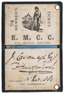 EAST MELBOURNE CRICKET CLUB: 1881-82 Member's Season Ticket, black leather with gold embossing, the interior printed in black with a charming image of a batsman at wicket, space for the member's name in manuscript (J. Cavanaugh) and the signature of the Honorary Treasurer, J.G. Russell. The member's number "94" is stamped in black. Superb condition and extremely rare.