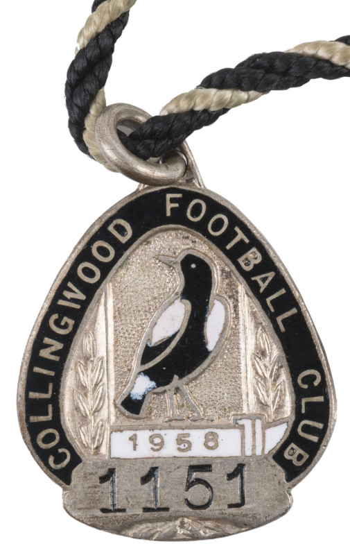 COLLINGWOOD: MEMBER'S BADGE FROM 1958 (PREMIERSHIP YEAR), with the number "1151" on the front and with the original lanyard in fine condition. Collingwood won the Grand Final against Melbourne by 18 points.