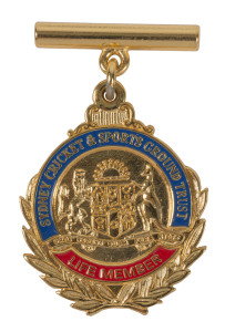 KEITH MILLER'S SCG LIFE MEMBER'S BADGE, 9ct gold, with "Sydney Cricket & Sports Ground Trust/ Life Member" on front, and engraved on reverse "Keith Miller MBE", in original presentation case. With Keith Miller collection certificate.Provenance: The Keith Miller Collection, Charles Leski Auctions, March 2007, Lot 149.