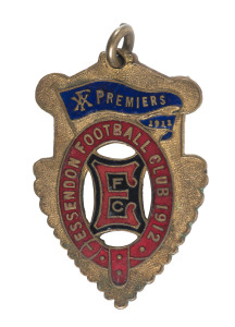 ESSENDON: 1912 Essendon (Association) Football Club Membership badge (by Bentley). The badge incorporates the premiership flag, which Essendon won in 1911. 1912 was also a premiership year for the club. Coincidentally, the Essendon VFL Club also won the Premiership in both those years.