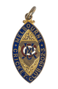 MELBOURNE CRICKET CLUB, 1902-3 membership badge, made by J.R. Gaunt, No.2185.The example sold in our February 2013 auction brought $3,000 (incl. BP).