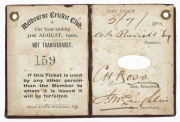 MELBOURNE CRICKET CLUB 1899-1900 Membership ticket "159" in reddish-brown leather with gold embossed MCC symbol and season details and inside with printed details and spaces for the signatures of the member (W.G.Russell), the Hon. Treasurer (C.H.Ross) and - 3