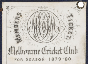 MELBOURNE CRICKET CLUB - FOOTBALL CLUB: 1879-80 Members Ticket, blue leather with gilt embossed "M.C.C. 1879-80" overstamped "FOOTBALL"; internally printed in black with ornate MCC logo and spaces for the names of the member, the club treasurer and secretary to sign. Extremely rare.