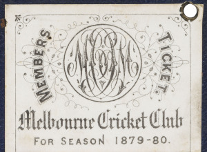 MELBOURNE CRICKET CLUB - FOOTBALL CLUB: 1879-80 Members Ticket, blue leather with gilt embossed "M.C.C. 1879-80" overstamped "FOOTBALL";  internally printed in black with ornate MCC logo and spaces for the names of the member, the club treasurer and secre