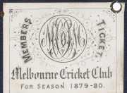 MELBOURNE CRICKET CLUB - FOOTBALL CLUB: 1879-80 Members Ticket, blue leather with gilt embossed "M.C.C. 1879-80" overstamped "FOOTBALL";&nbsp; internally printed in black with ornate MCC logo and spaces for the names of the member, the club treasurer and secre