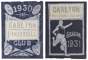 CARLTON 1930 & 1931 Membership Cards (#742 & #2734); dark blue with silver details on covers; office bearers and List of Matches inside each. Carlton finished 3rd on the ladder in both years.