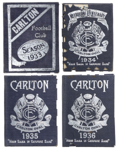 CARLTON 1933, 1934, 1935 & 1936 Membership Cards (#3062, #4696, #965 & #6210); dark blue with silver details on covers; office bearers and List of Matches inside each. Carlton finished 4th, 5th, 4th & 4th on the ladder in these years.