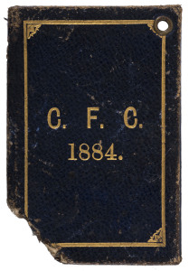 CARLTON 1884 Member's Card (for Mr. W.J. Hemsworth) in dark blue leather with gilt lettering; interior with printed details of the office bearers, the list of matches including some in South Australia. Carlton finished 6th on the ladder in 1884. [Lower co