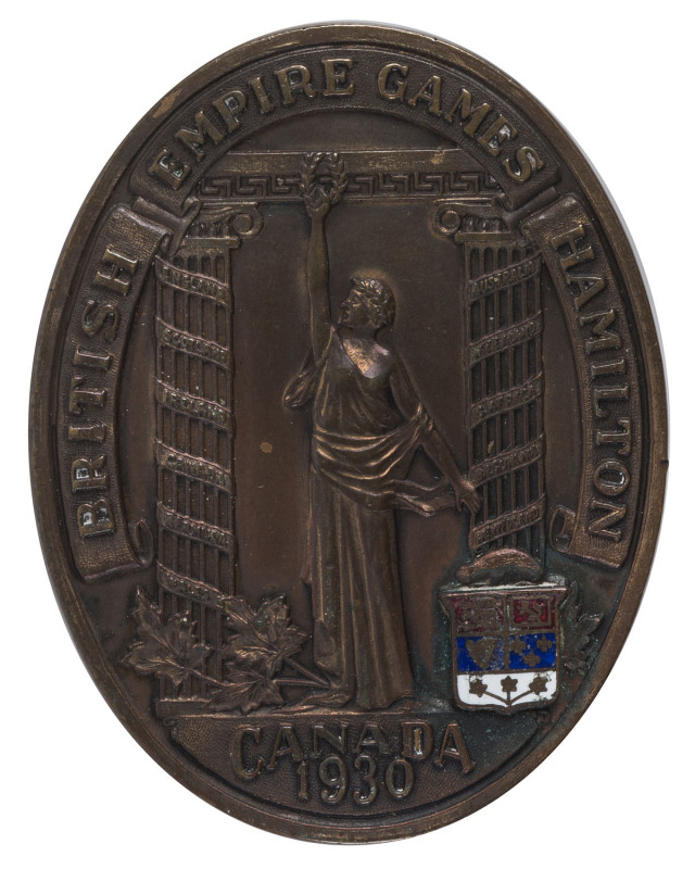 1st BRITISH EMPIRE GAMES, HAMILTON, CANADA 1930: Participation Medal in bronze & enamel; 39 x 50mm, reverse engraved "H. Mizler OXFORD and ST.GEORGES CLUB 1930"Hyman Barnett "Harry" Mizler (GBR) won Gold in Boxing - Bantamweight at Hamilton. He went on to