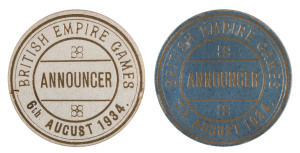 2nd BRITISH EMPIRE GAMES, LONDON, ENGLAND 1934: Announcer's Badges for 6th August 1934 (gold embossed on cream background) and 7th August 1934 (gold embossed on pale blue background). In both cases the stick-pin has been removed. Extremely scarce. (2).