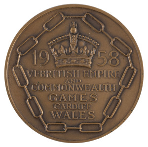 6th BRITISH EMPIRE & COMMONWEALTH GAMES, CARDIFF, WALES, 1958: Bronze Winner's Medal, 44mm, awarded to John Simpson of Australia for Fencing Epee Team and so engraved on reverse. Together with the original box for Simpson's participation medal (which is not present). (2 items).