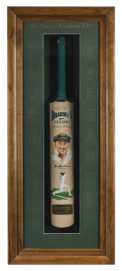 DON BRADMAN SIGNED & HAND-PAINTED BATA full-sized Bradman Classic Limited Edition bat by Slazenger, enhanced with two original paintings of Don Bradman by Colin Bodie. The bat is displayed in a custom built glass-fronted case, surrounded by details of The Don's career and the bat bears his original signature together with an engraved plaque identifying the bat as #37 of 50. With a Certificate of Authenticity signed by the artist in October 2000 (who died in February 2001) and an article ab