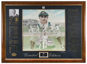 "A TRIBUTE TO THE DON 1908-2001", very large colour print by Brian Clinton, depicting Bradman playing his classic cover drive on the way to his record-breaking innings of 334 at Headingley in 1930. The print is mounted with career details and is signed to lower border by Bradman. Limited Edition 2/99, also signed by the artist.Framed & glazed, overall 157 x 117cm.