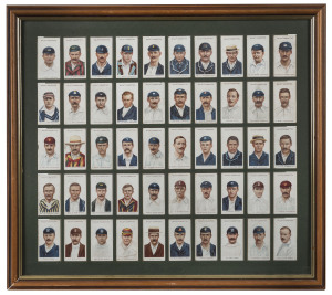 W.D. & H.O. WILLS: "CRICKETERS" (Small "s") complete set (50) attractively presented in a double-glazed frame which facilitates reading the details on the back of each card. Cat.£375. Overall 47 x 52cm.