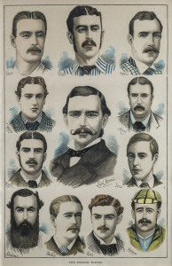 THE ENGLISH ELEVEN, hand coloured full page lithograph from The Australasian Sketcher of 21st December 1878. Framed & glazed, overall 56 x 42cm.